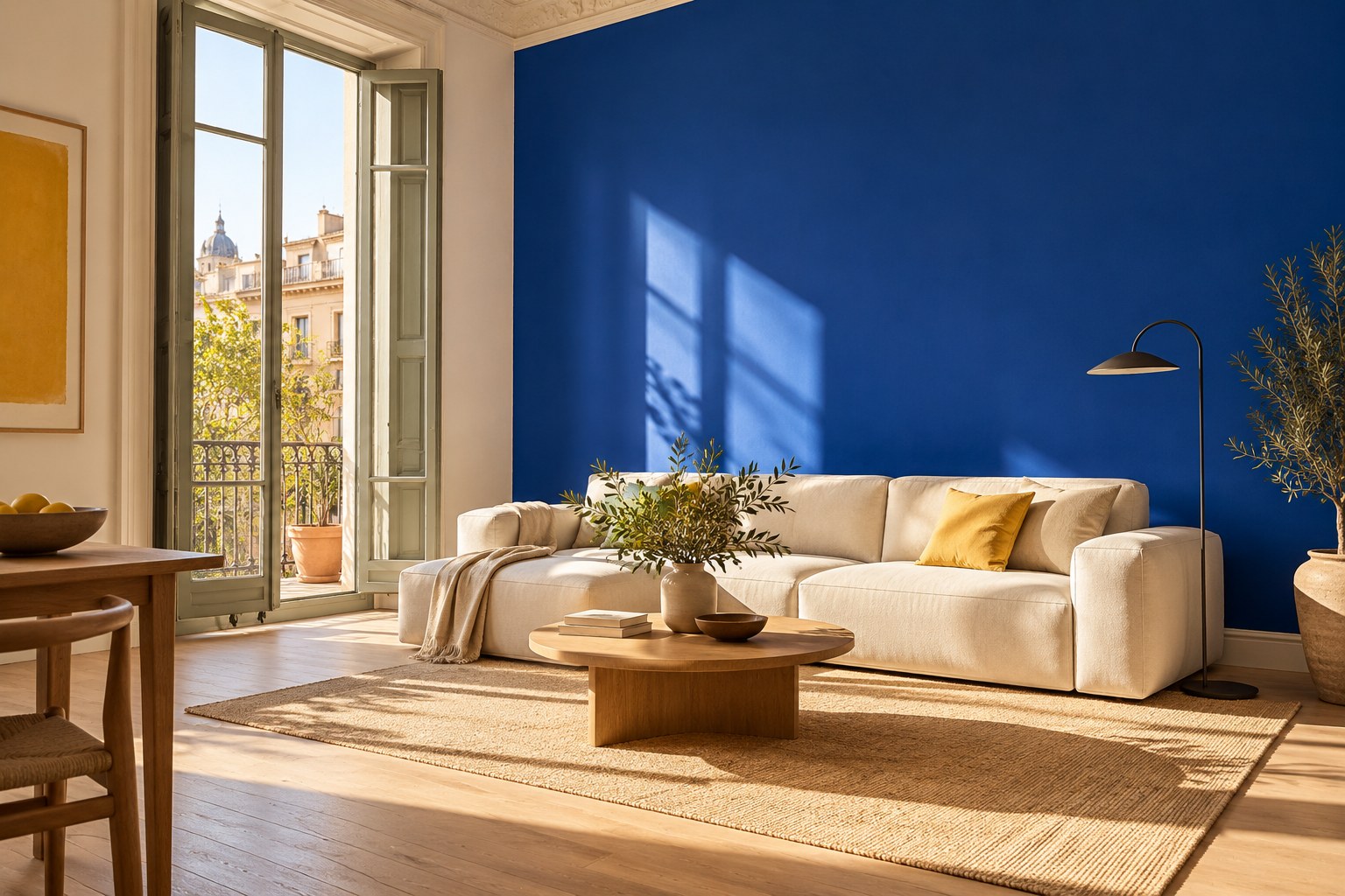Concepto de interior luminoso con pared azul y mobiliario de madera